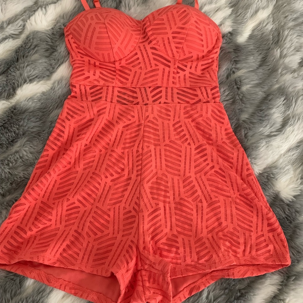 Coral with lace detail romper